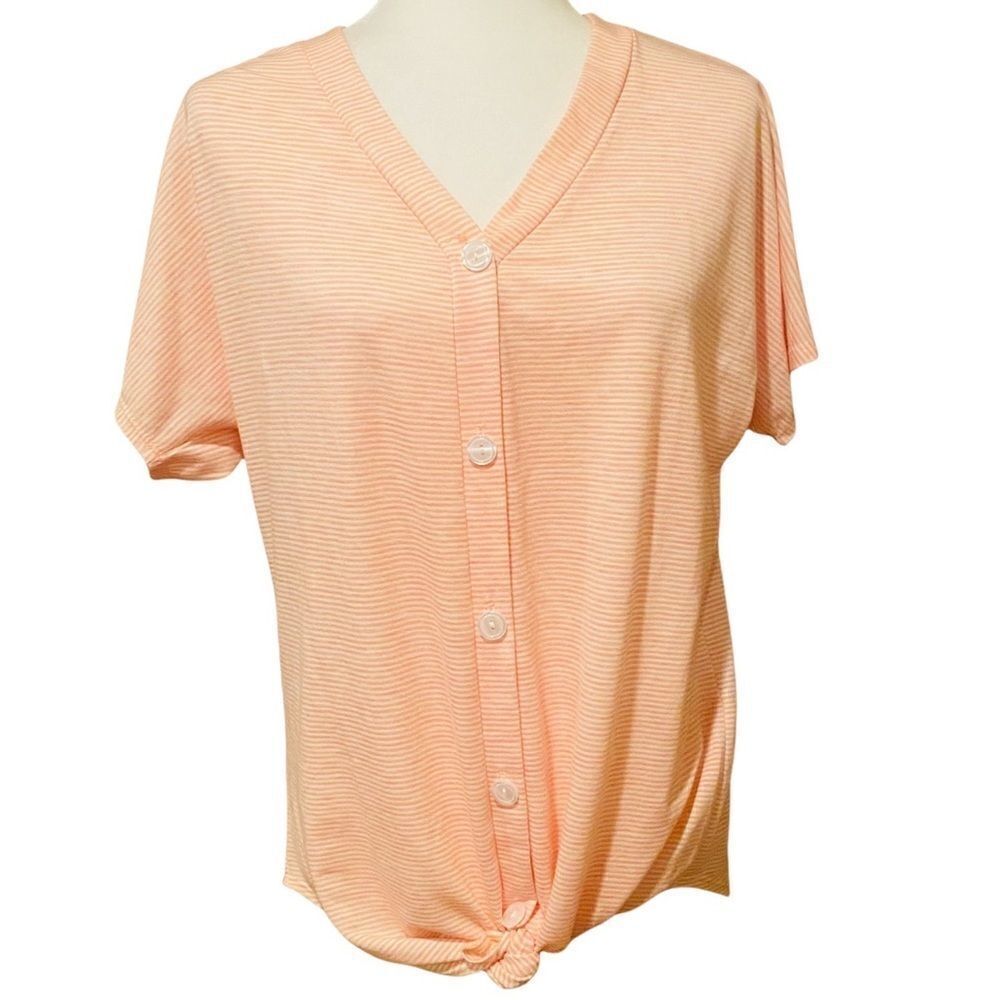 Pink Lily Shortsleeved Pink Striped Shirt Size Medium Front Bottom Knot